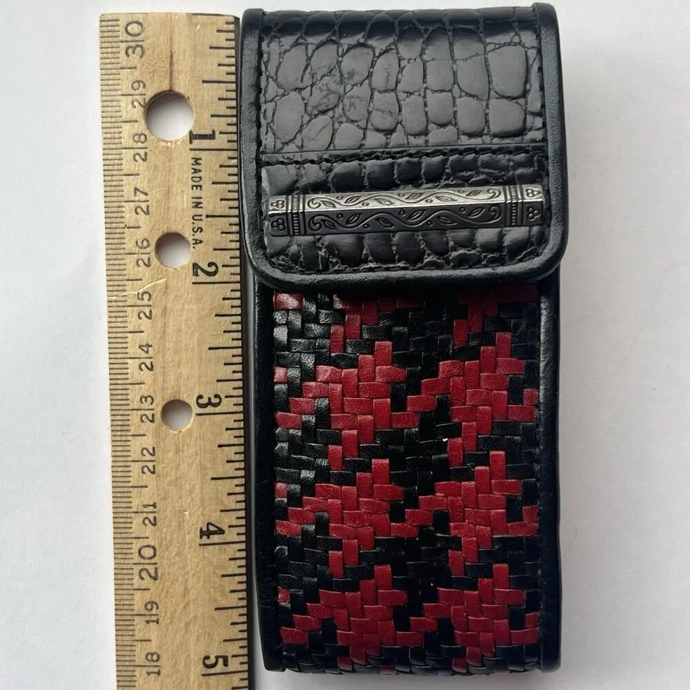 Vtg Brighton Woven Leather Lipstick Holder Case Black Red Houndstooth Mock Croc